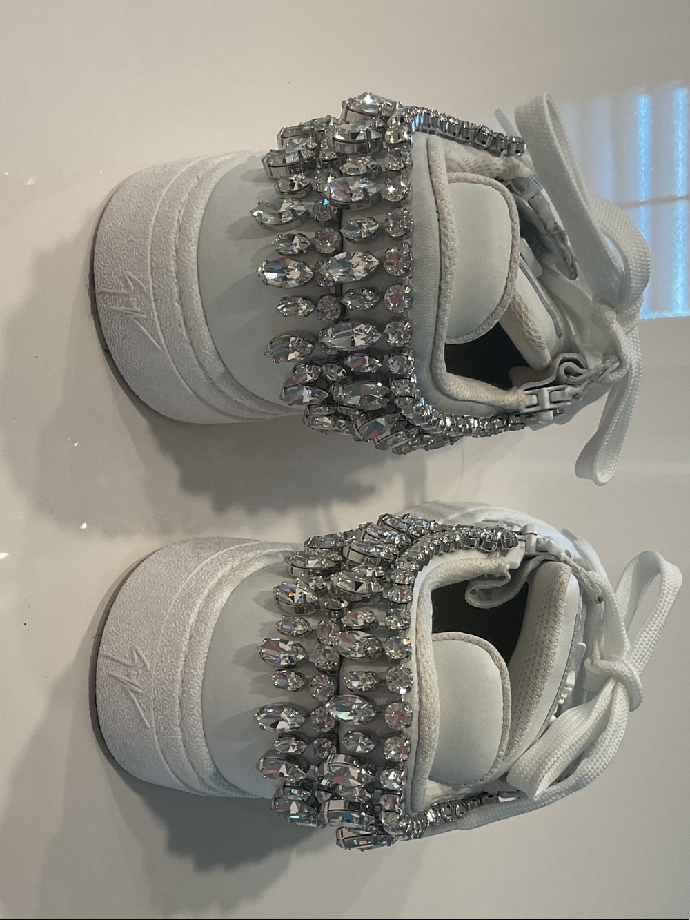 Women White Crystal-Embellished Lace-Up Sneakers